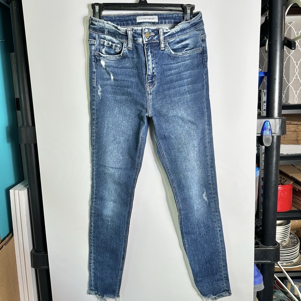 Flying Monkey Womens Size 26 High Rise Skinny Jeans Raw Hem Distressed Blue
